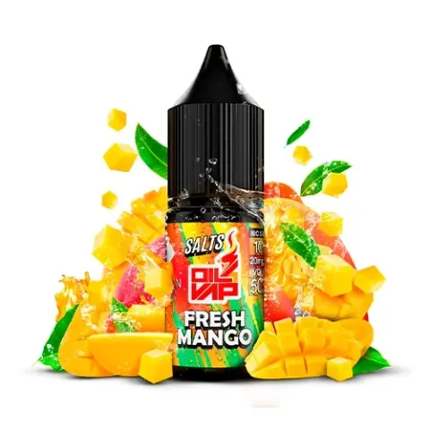 Bote Oil4Vap Salts Fresh Mango con tapón negro y etiqueta multicolor, rodeado de trozos de mango, hojas verdes y salpicaduras.