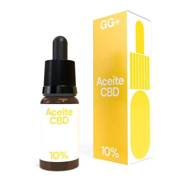 Frasco de aceite CBD con cuentagotas negro junto a su caja amarilla y blanca GG+, ambos con la indicación del 10 %.