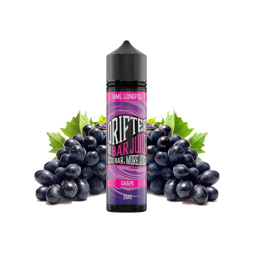 Bote Drifter Bar Grape con tapón negro y etiqueta morada y rosa que indica 16 ml Longfill y 0 mg, delante de racimos de uvas oscuras.