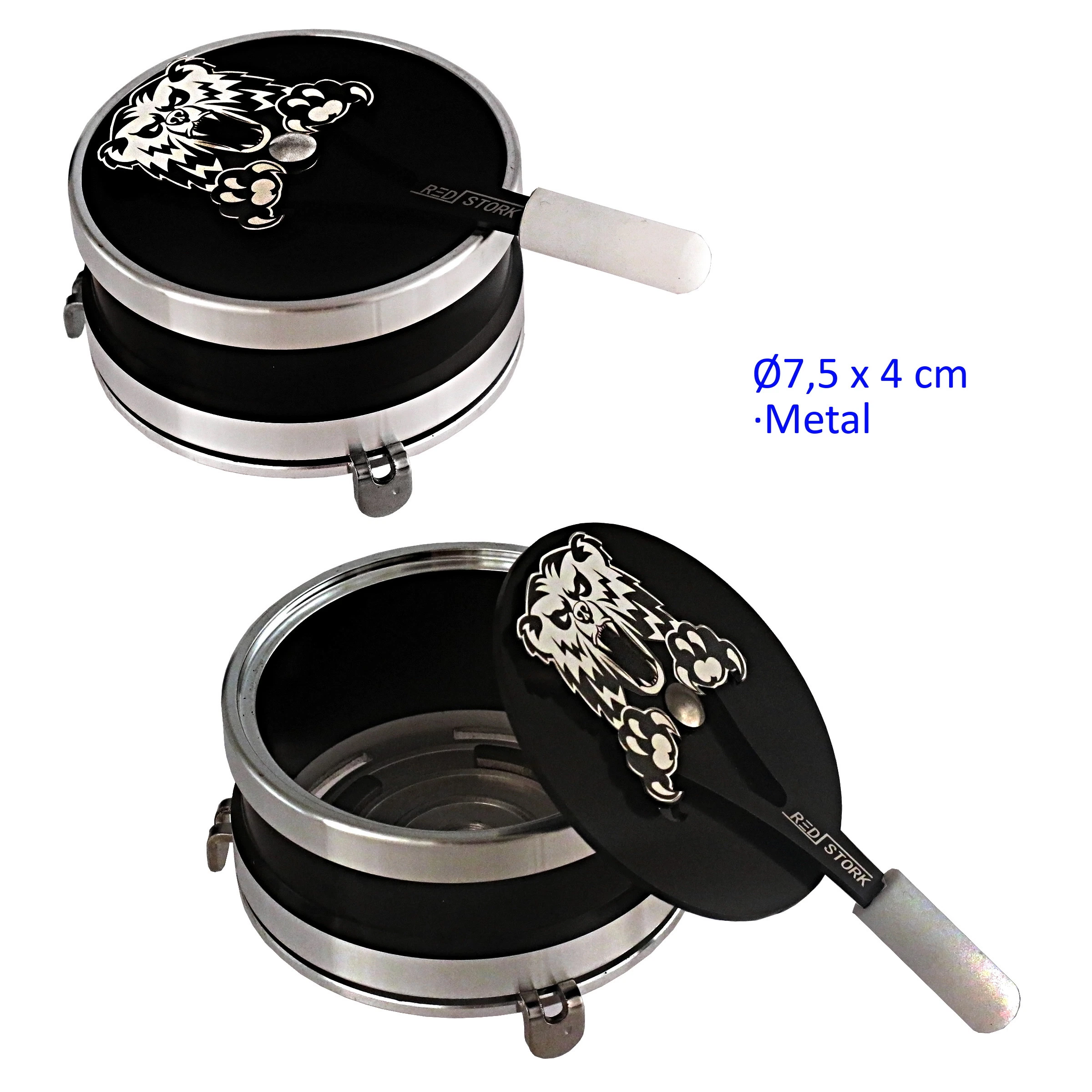 Gestor de calor circular para cachimba, negro con bordes plateados, mostrado cerrado y abierto, con oso dibujado en la tapa y mango lateral.