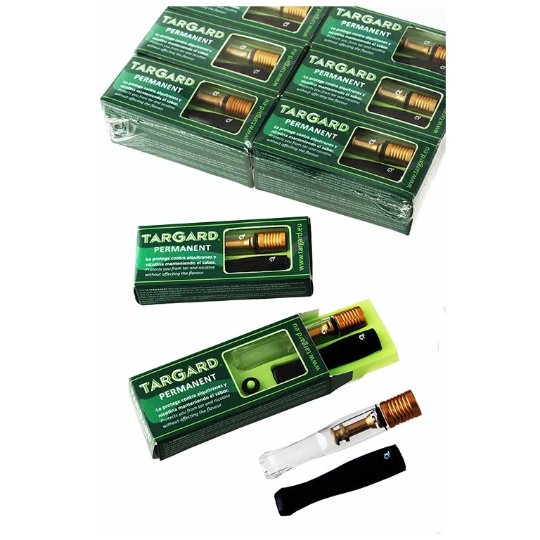 Boquillas Tar Gard Permanent transparentes y negras, con cajas verdes cerradas y una abierta que muestra sus piezas. Boquillas Tar Gard Permanent transparentes y negras, con cajas verdes cerradas y una abierta que muestra sus piezas.