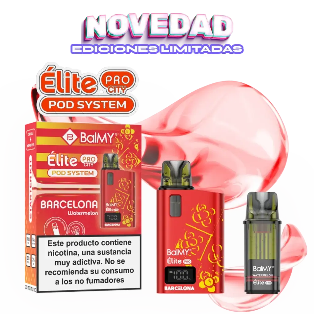 Kit Élite Pro City Barcelona de Balmy con dispositivo rojo decorado en amarillo, cartucho Watermelon y caja sobre fondo negro y rosa.