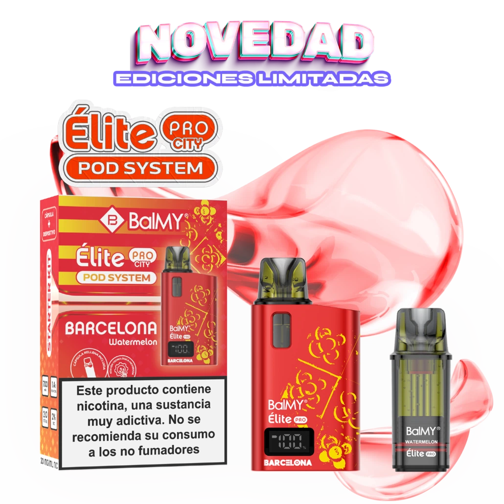 Kit Élite Pro City Barcelona de Balmy con dispositivo rojo decorado en amarillo, cartucho Watermelon y caja sobre fondo negro y rosa.