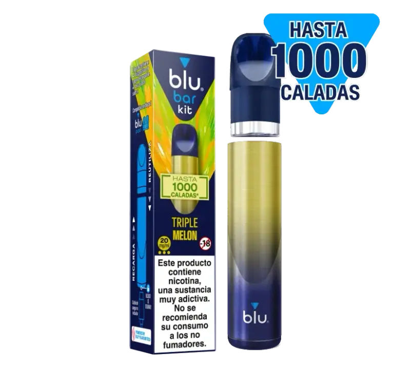 Blu Bar Kit Triple Melón con caja y dispositivo azul y dorado, boquilla separada y texto «Hasta 1000 caladas» sobre fondo negro.