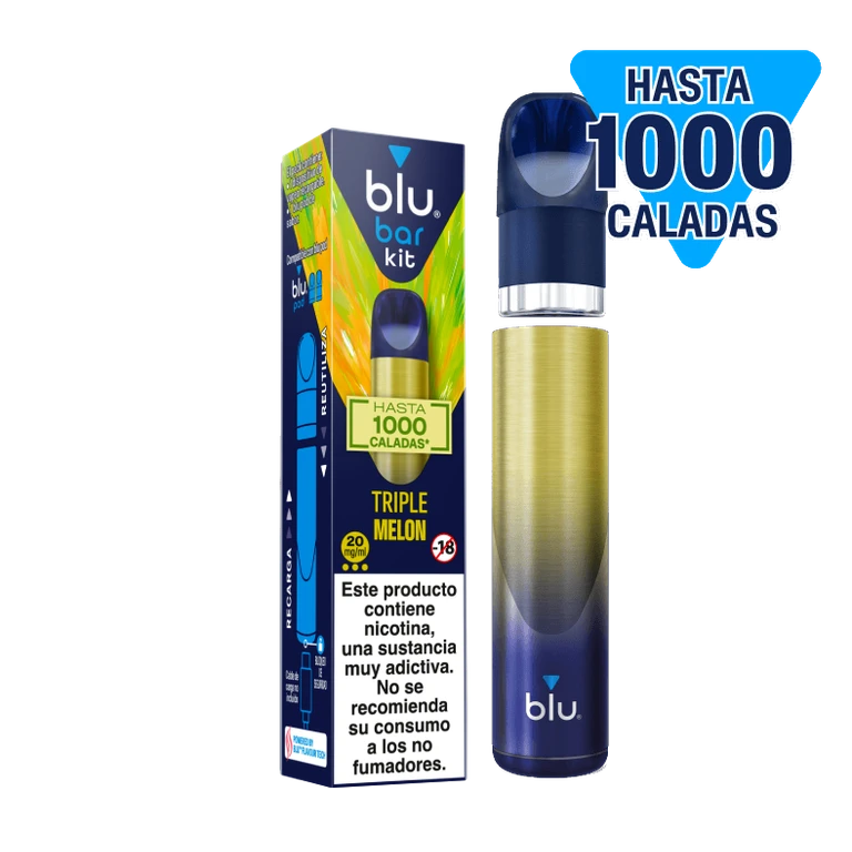 Blu Bar Kit Triple Melón con caja y dispositivo azul y dorado, boquilla separada y texto «Hasta 1000 caladas» sobre fondo negro.