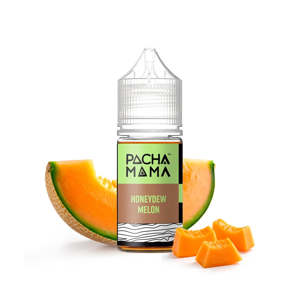 Frasco de aroma Pachamama Honeydew Melon con tapón transparente y etiqueta verde y marrón, rodeado de rodajas y trozos de melón.