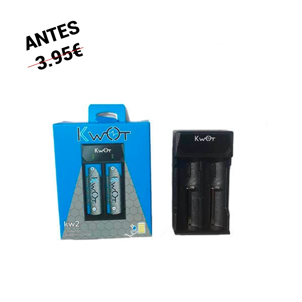 Cargador Kwot KW2 negro con dos alojamientos cilíndricos, junto a su caja azul con ventana y el nombre de la marca.