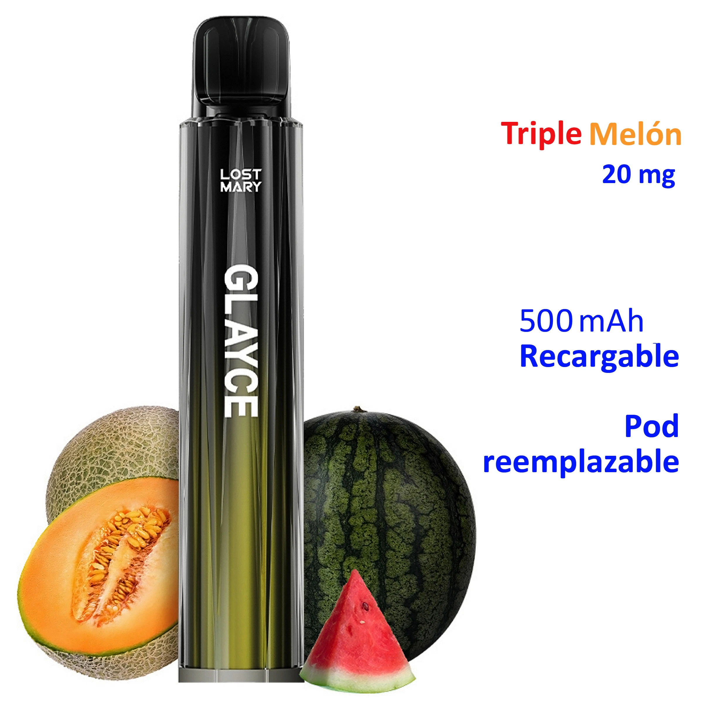 Lost Mary GLAYCE Triple Melon negro y verde junto a melón y sandía, con textos de 20 mg, batería recargable de 500 mAh y pod reemplazable.