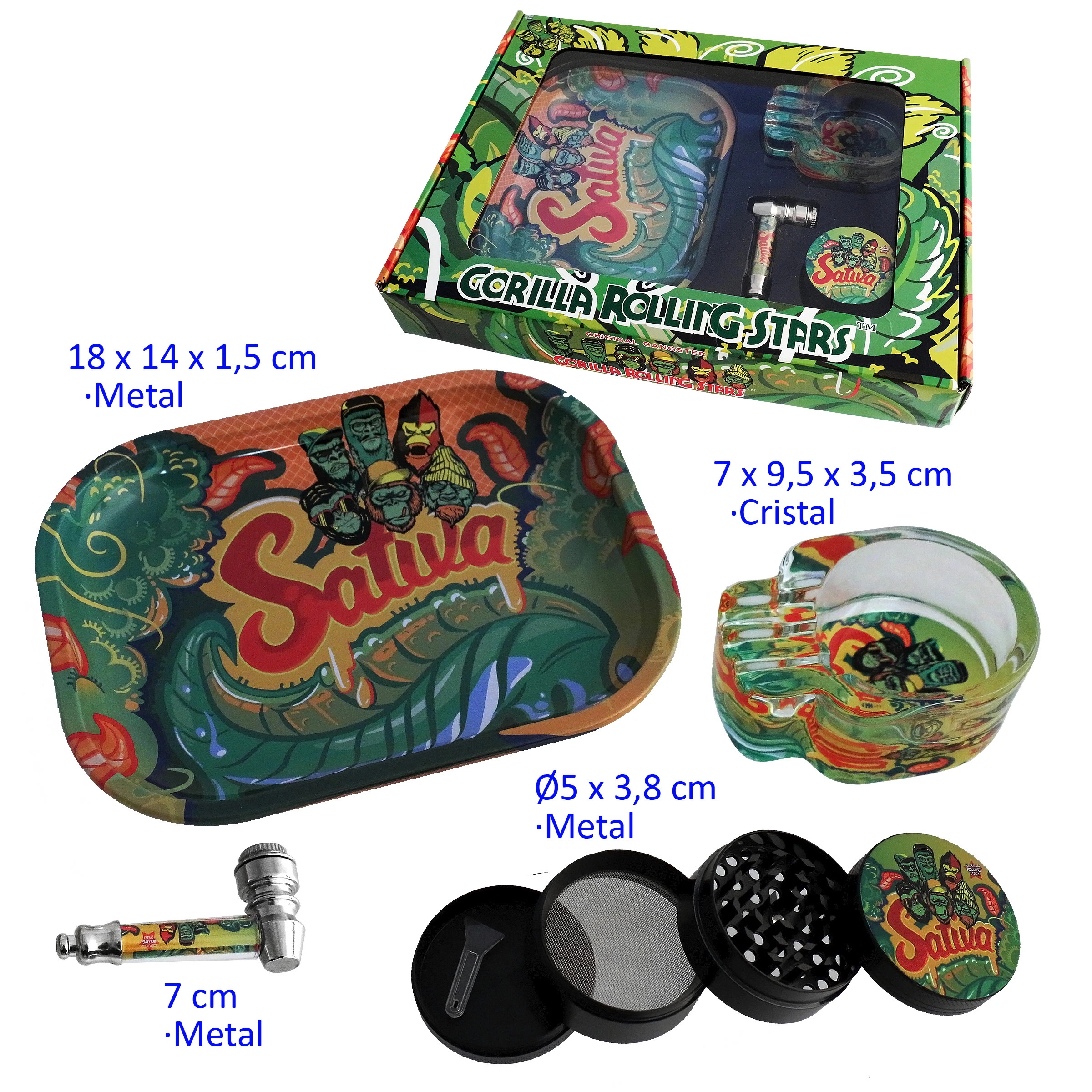 Set con bandeja ilustrada, cenicero transparente, pipa y grinder abierto, junto a su caja decorada con motivos verdes y el texto Sativa.