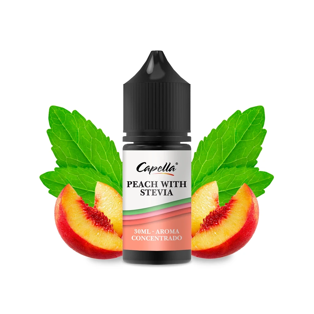 Frasco de Peach with Stevia de Capella con tapón negro y etiqueta de aroma concentrado de 30 ml, rodeado de hojas verdes y gajos de melocotón.