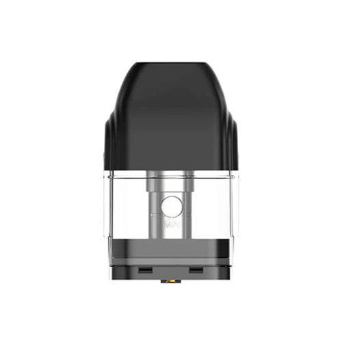 Cartucho para Caliburn Uwell con boquilla negra, depósito transparente y pieza central plateada, visto de frente sobre fondo blanco.