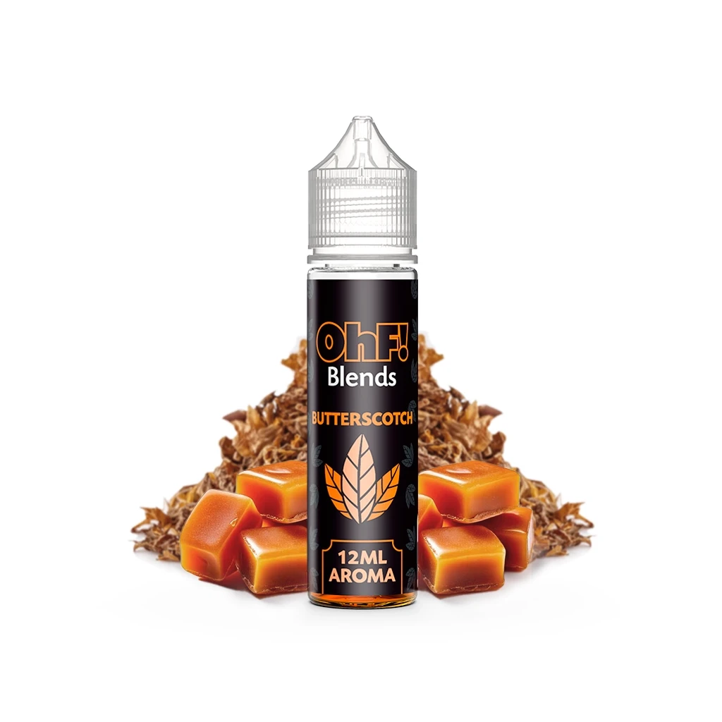 Frasco OhF Blends Butterscotch con tapón transparente y etiqueta negra «12 ml aroma», rodeado de caramelos y hojas marrones.