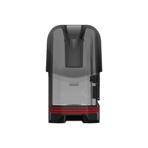 Cartucho Smok NFIX Pro visto de frente, con cuerpo translúcido oscuro, boquilla redondeada y franjas rojas en la base sobre fondo blanco.