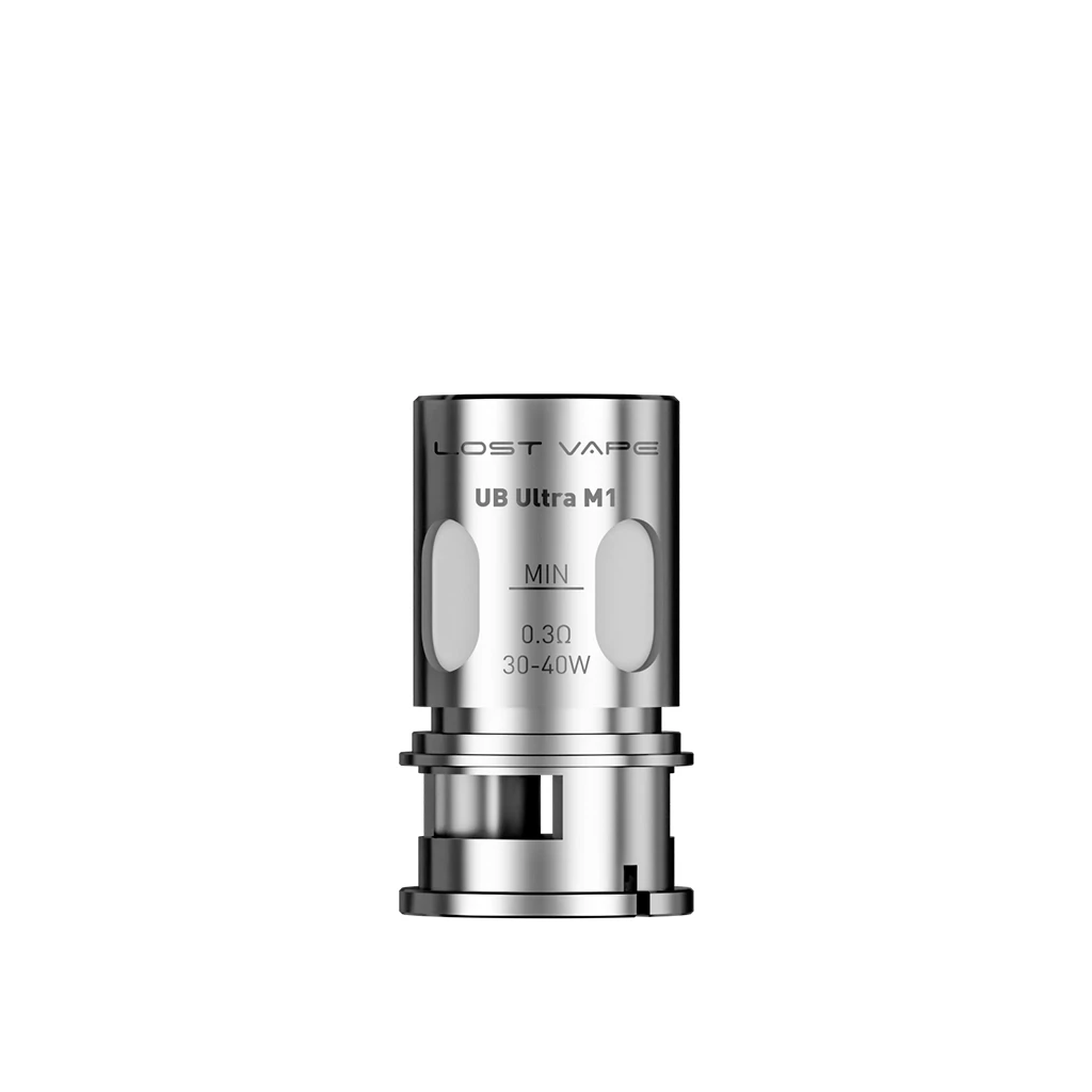 Resistencia plateada Lost Vape UB Ultra M1 con aberturas laterales y las inscripciones 0.3 Ω y 30–40 W sobre fondo blanco.