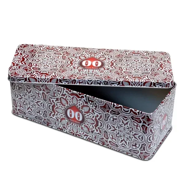 Caja rectangular 00 Seeds Bank con tapa entreabierta, motivos ornamentales blancos y granates e interior oscuro.
