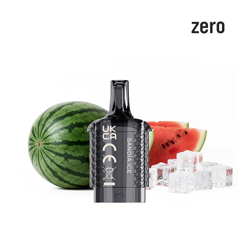 Pod Vista Plug Watermelon Ice Zero Vozol negro, con texto «SANDÍA ICE», ante una sandía, rodajas y cubitos de hielo.