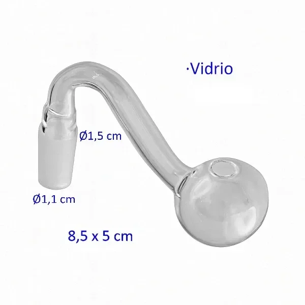 Pipa de vidrio transparente con tubo curvado, extremo esmerilado y cámara esférica con abertura superior, sobre fondo blanco.