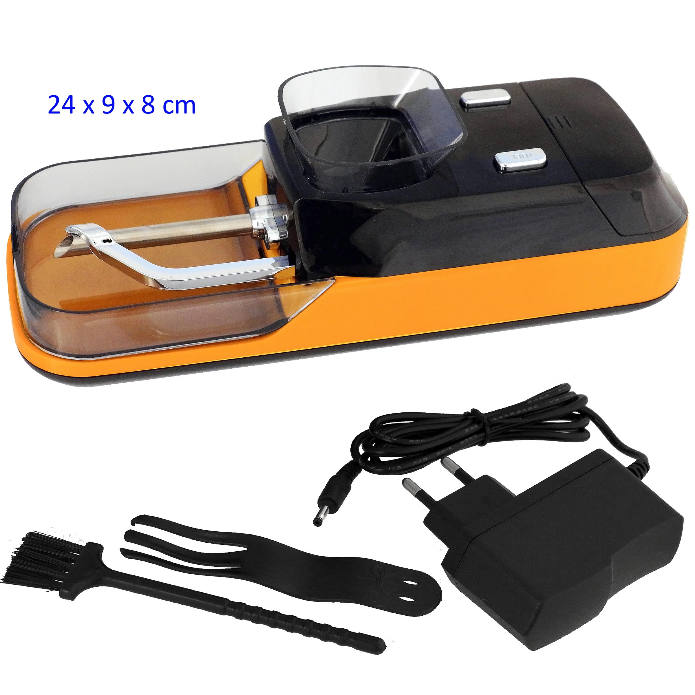 Máquina eléctrica llenadora de tubos amarilla y negra, con tolva y cubierta transparentes, acompañada de adaptador, cepillo y utensilio. Máquina eléctrica llenadora de tubos amarilla y negra, con tolva y cubierta transparentes, acompañada de adaptador, cepillo y utensilio.