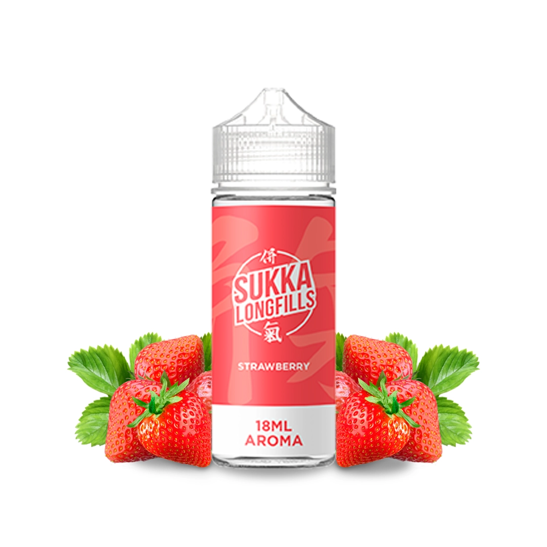 Botella Sukka Strawberry Longfill con tapón transparente y etiqueta roja «18ML AROMA», rodeada de fresas y hojas verdes.