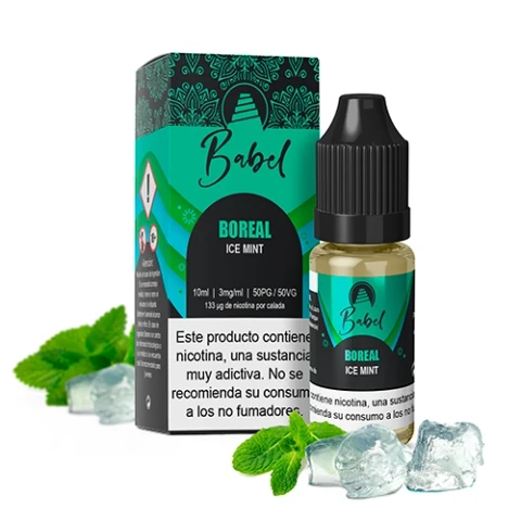 Frasco de Babel Boreal Ice Mint con tapón negro y caja verde, junto a hojas de menta y hielo sobre fondo blanco.