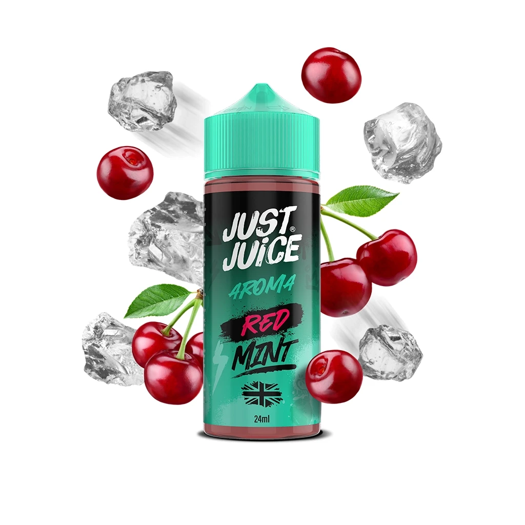 Frasco Just Juice Red Mint de 24 ml con tapón turquesa, rodeado de cerezas, hojas verdes y cubitos de hielo sobre fondo blanco.