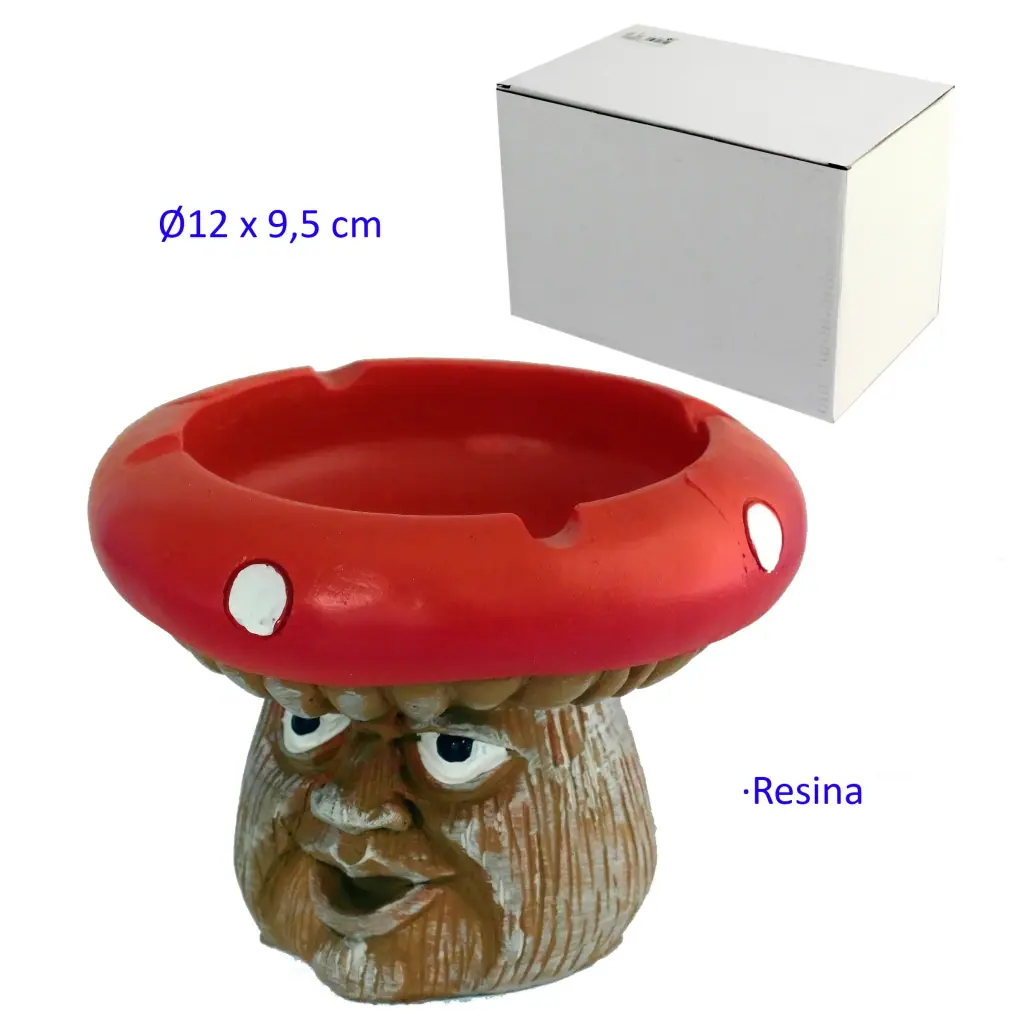 Cenicero con forma de seta, sombrero rojo con puntos blancos y ranuras, y pie marrón con rostro; caja blanca al fondo.