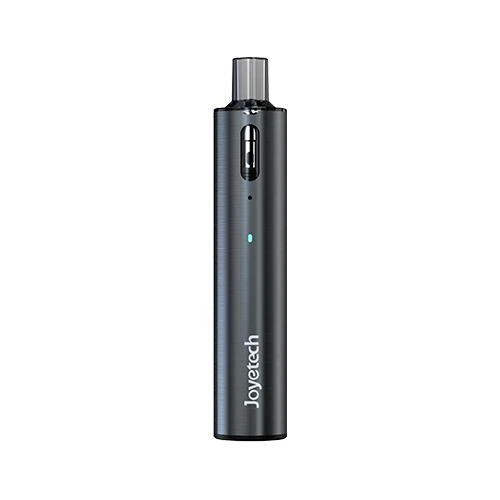 Joyetech eGo Pod Kit gris oscuro en posición vertical, con boquilla superior, ventana frontal e indicador luminoso turquesa.