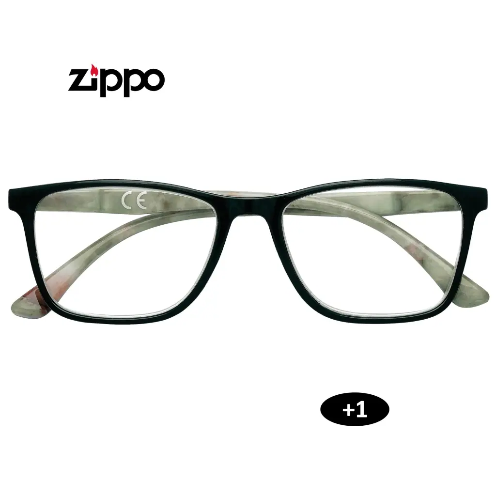 Gafas de lectura Zippo de frente, con montura negra rectangular y patillas translúcidas; aparecen el logotipo y la graduación +1.