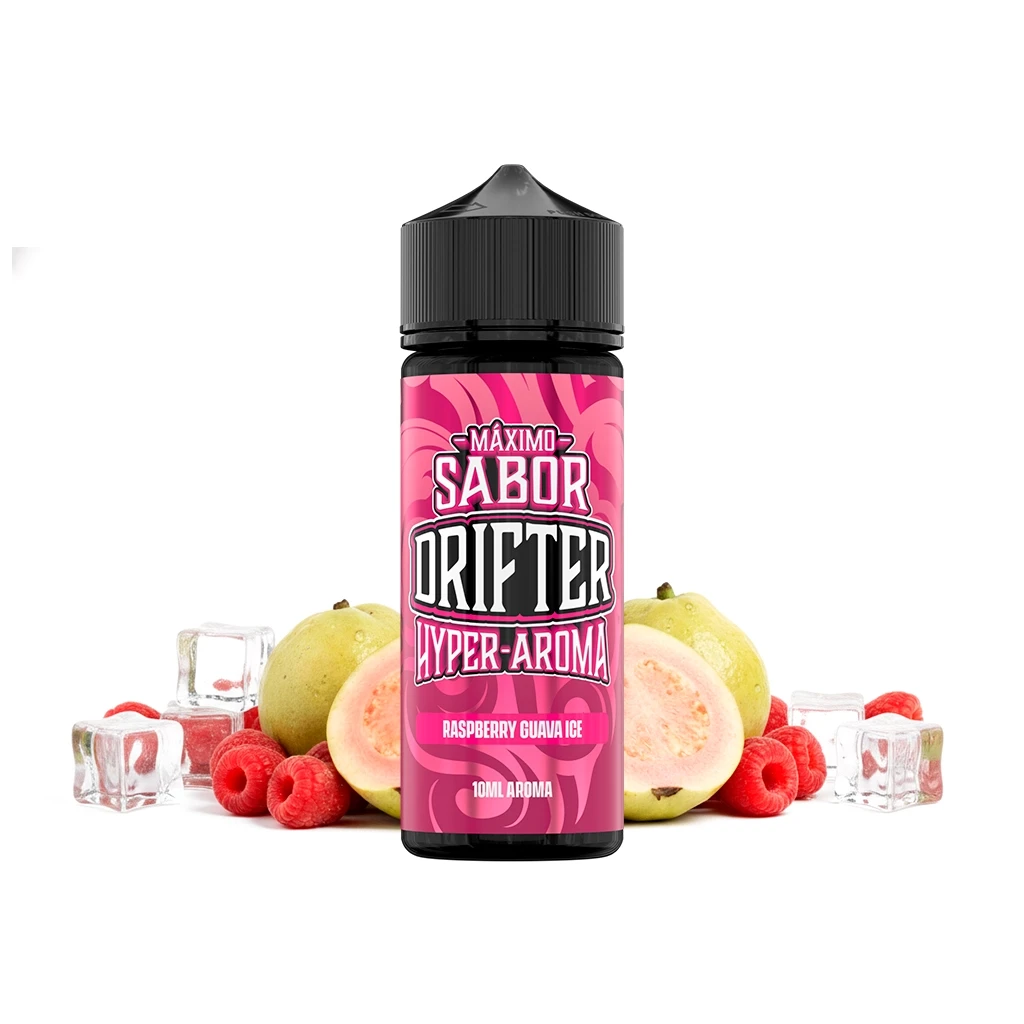 Bote Drifter Hyper Raspberry Guava Ice con etiqueta rosa y tapón negro, rodeado de frambuesas, guayabas partidas y cubitos de hielo.