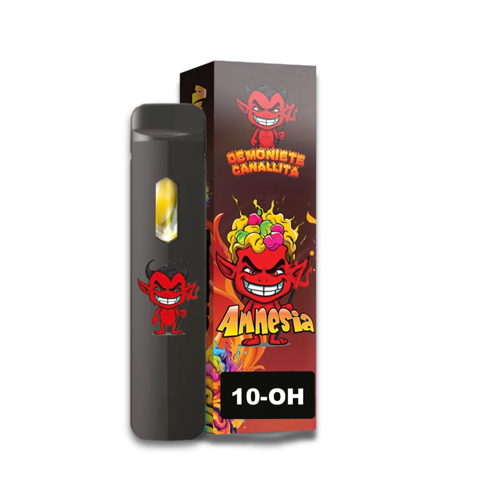 Pod negro Demoniete Canallita con ventana amarilla junto a su caja Amnesia, decorada con diablos rojos y el texto 10-OH.