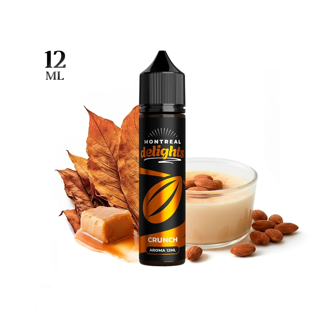 Bote Montreal Delights Crunch de etiqueta negra y naranja, junto a hojas secas, almendras, un cuenco de crema y un caramelo; figura 12 ml.