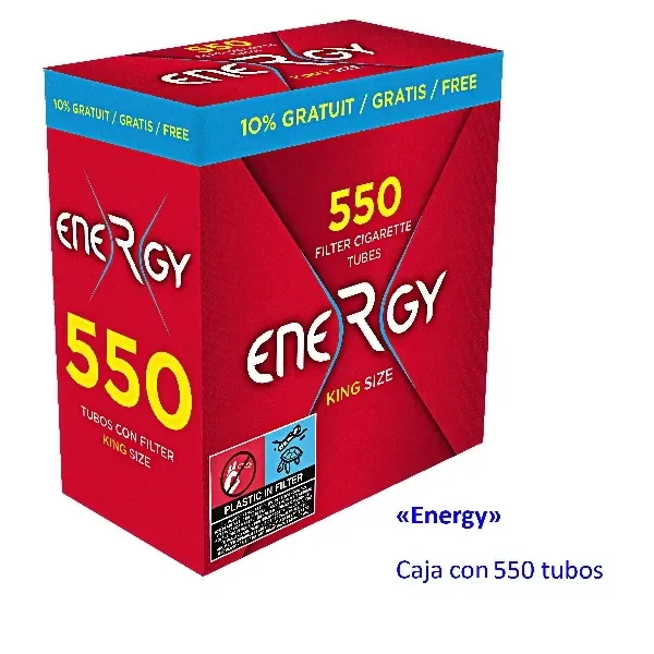Caja roja de tubos para cigarrillos Energy, con la cifra 550 en amarillo, texto King Size y una franja azul en la parte superior.