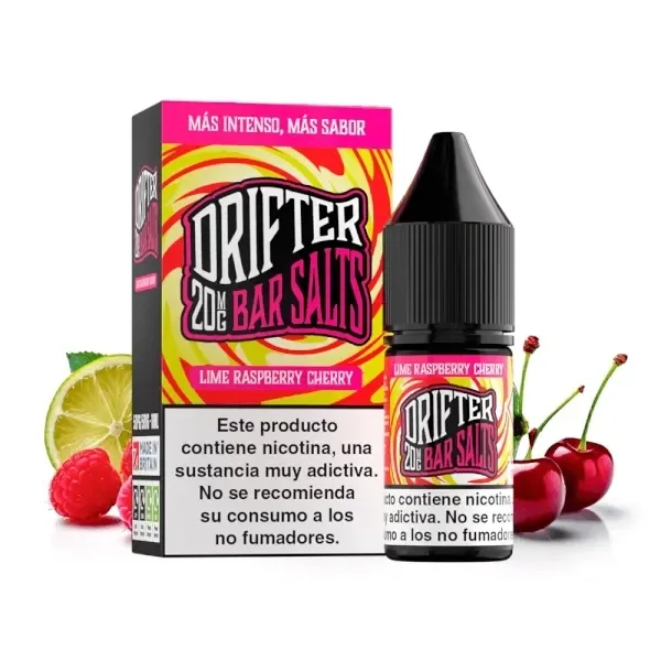 Frasco y caja Drifter Bar Salts Lime Raspberry Cherry, con diseño rosa y amarillo, junto a lima, frambuesas y cerezas.