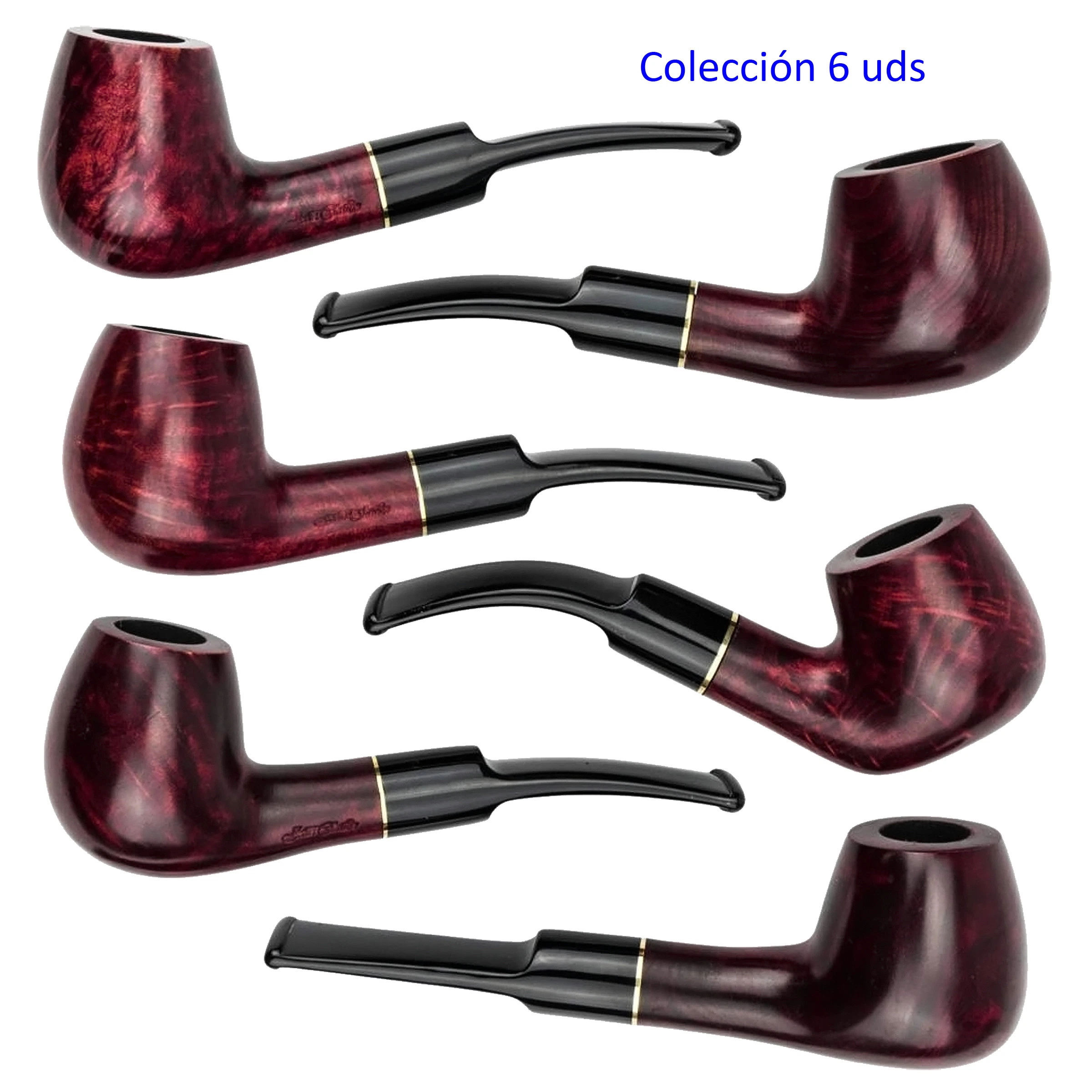 Selección de pipas Jean Claude de acabado rojizo veteado, con distintas formas de cazoleta y boquillas negras rectas o curvas.