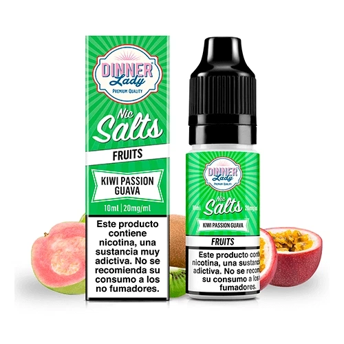 Frasco y caja verde de Dinner Lady Kiwi Passion Guava Nic Salt, con etiqueta de 10 ml y 20 mg/ml, junto a frutas cortadas.