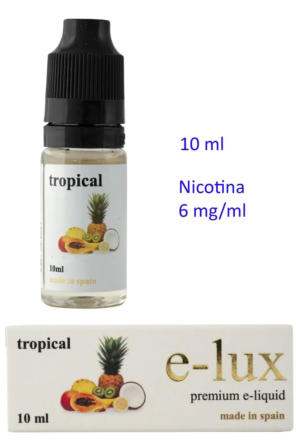 E-liquid Tropical e-lux en frasco de 10 ml con tapón negro y caja ilustrada con frutas; el texto indica nicotina de 6 mg/ml.