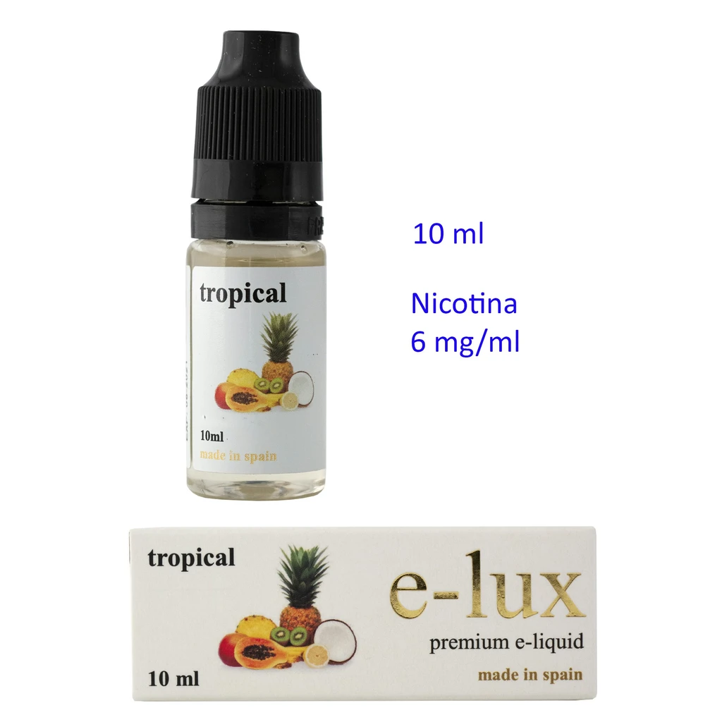 E-liquid Tropical e-lux en frasco de 10 ml con tapón negro y caja ilustrada con frutas; el texto indica nicotina de 6 mg/ml.