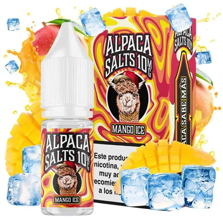 Frasco y caja de Mango Ice de Alpaca Salts, con diseño amarillo y rojo, una alpaca ilustrada, mangos y cubitos de hielo.