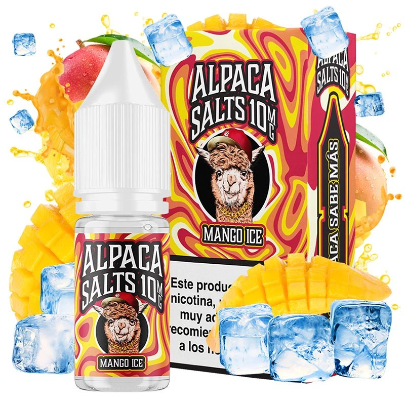 Frasco y caja de Mango Ice de Alpaca Salts, con diseño amarillo y rojo, una alpaca ilustrada, mangos y cubitos de hielo.
