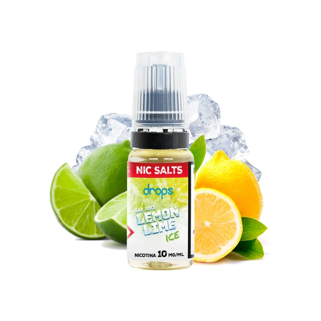 Frasco Drops Bar Juice Salts Lemon Lime Ice con etiqueta de nicotina de 10 mg/ml, rodeado de limas, limón y cubitos de hielo.