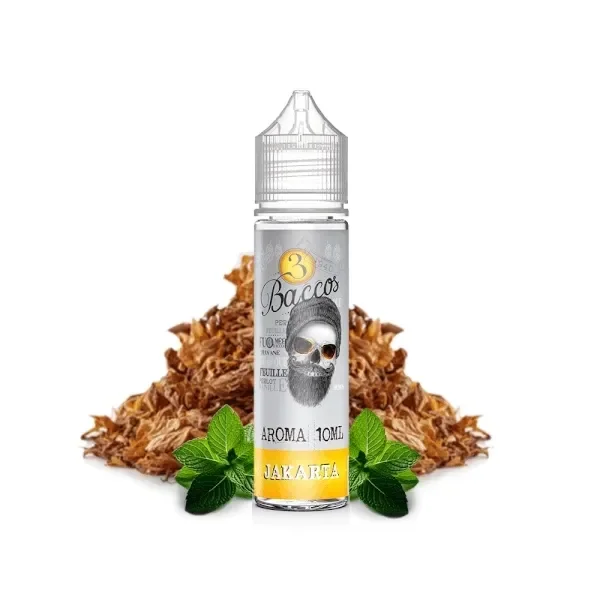 Frasco 3 Baccos Jakarta de 10 ml con calavera barbuda en la etiqueta, ante un montón de tabaco y hojas verdes.