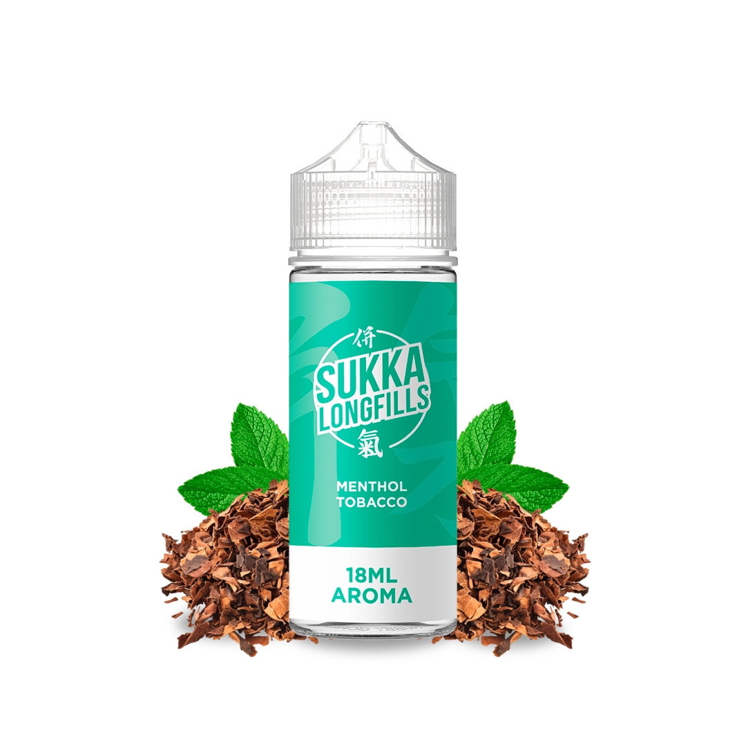 Frasco Sukka Longfills Menthol Tobacco con etiqueta verde de 18 ml de aroma, acompañado de tabaco picado y hojas de menta.