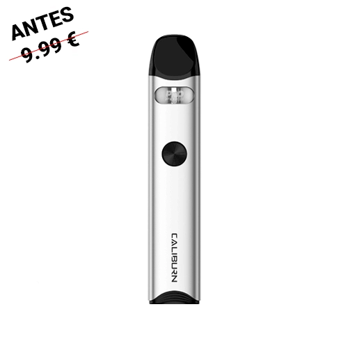 Uwell Caliburn A3 plateado en posición vertical, con boquilla negra, ventana superior y botón circular negro sobre fondo blanco.