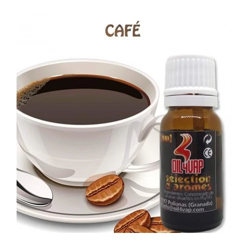 Frasco de aroma Café Oil4Vap con tapón blanco junto a una taza de café, un platillo, una cucharilla y granos de café.