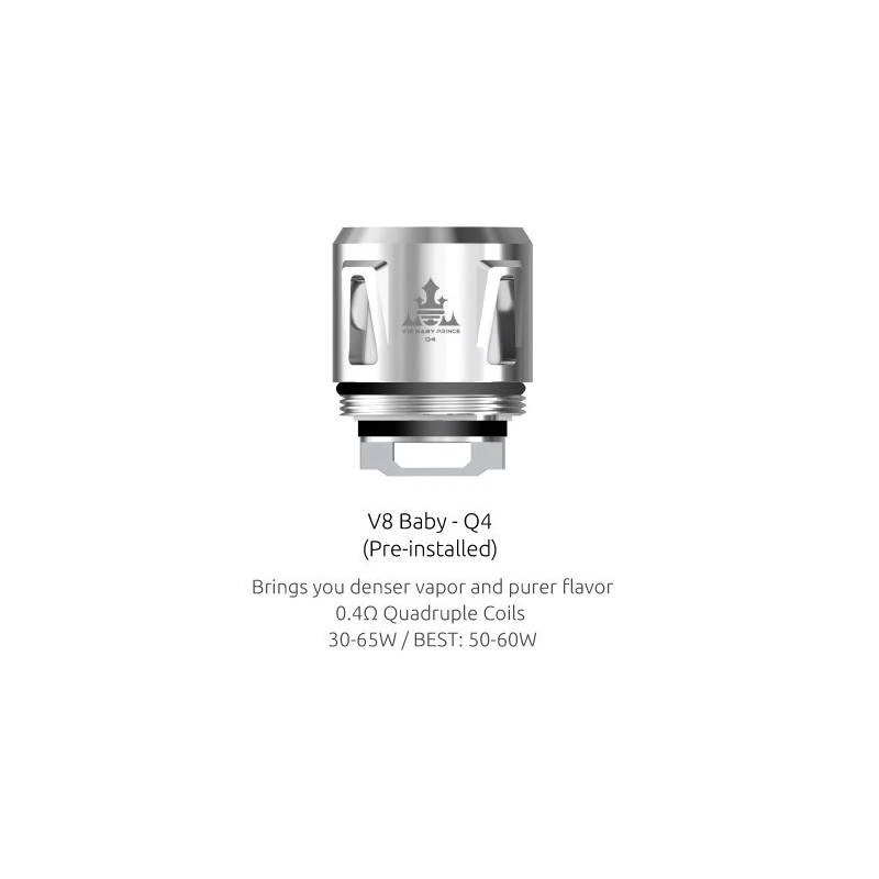Resistencia Smok V8 Baby-Q4 plateada con rosca y aberturas laterales; texto de 0,4 Ω y potencia de 30–65 W, recomendada de 50–60 W.