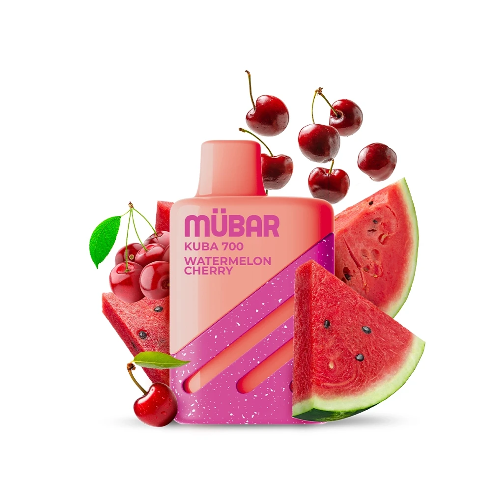 Vaper Mübar Kuba 700 Watermelon Cherry en tonos coral y fucsia, rodeado de cerezas y rodajas de sandía sobre fondo blanco.