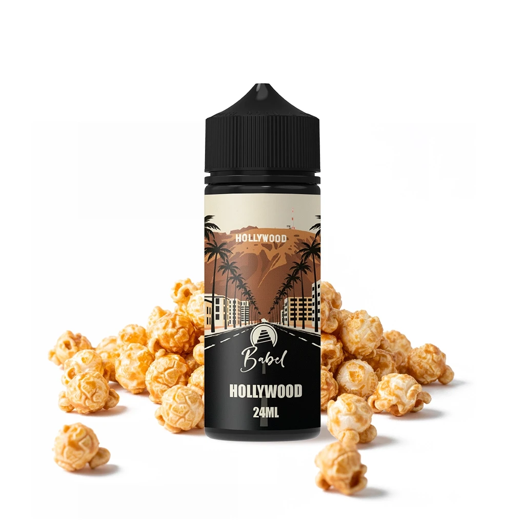 Bote Babel Hollywood Longfill con tapón negro y etiqueta de Hollywood con texto «24ML», rodeado de palomitas sobre fondo blanco.