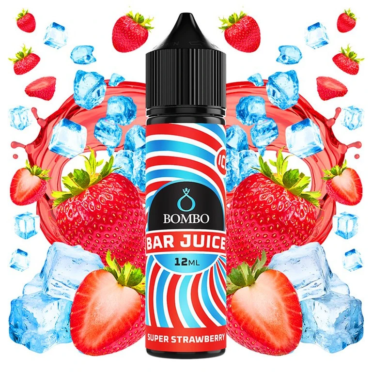Frasco de aroma Super Strawberry Ice Bar Juice de Bombo, con etiqueta roja y azul, rodeado de fresas y cubitos de hielo.