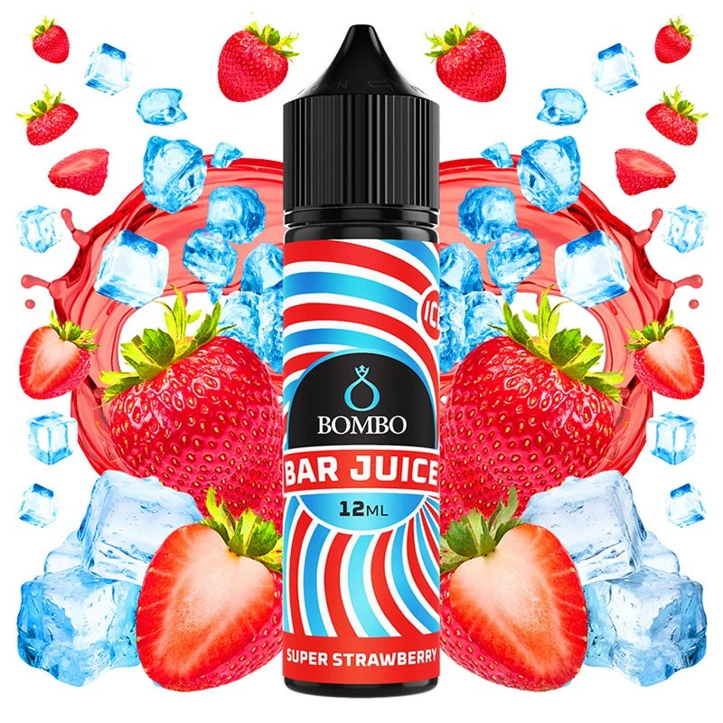 Frasco de aroma Super Strawberry Ice Bar Juice de Bombo, con etiqueta roja y azul, rodeado de fresas y cubitos de hielo.