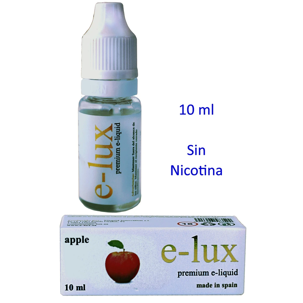 Frasco de E-liquid Apple e-lux con tapón blanco y caja con una manzana roja; al lado se lee «10 ml» y «Sin Nicotina».